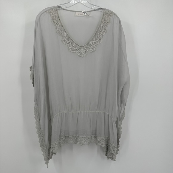 Chicos Womens Ponch Top Size 2 US L Lace Trim Sheer Lightweight Boho Gray - Picture 1 of 7